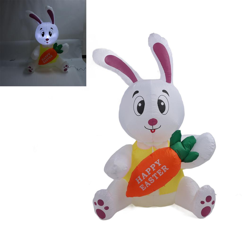 59.8in Inflatable Happy Easter Bunny Decoration Inflatable Rabbit Sitting Holding Carrot with LED Li