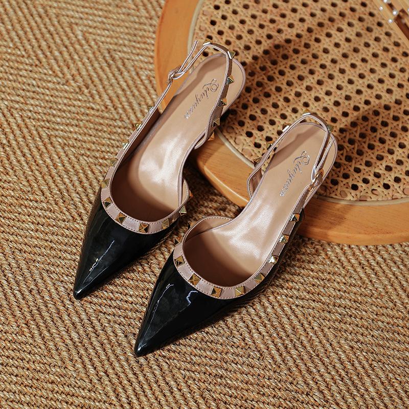 Rivet bag head side empty word with high heels thin heel 2025 new summer temperament pointed head shallow mouth empty single shoes