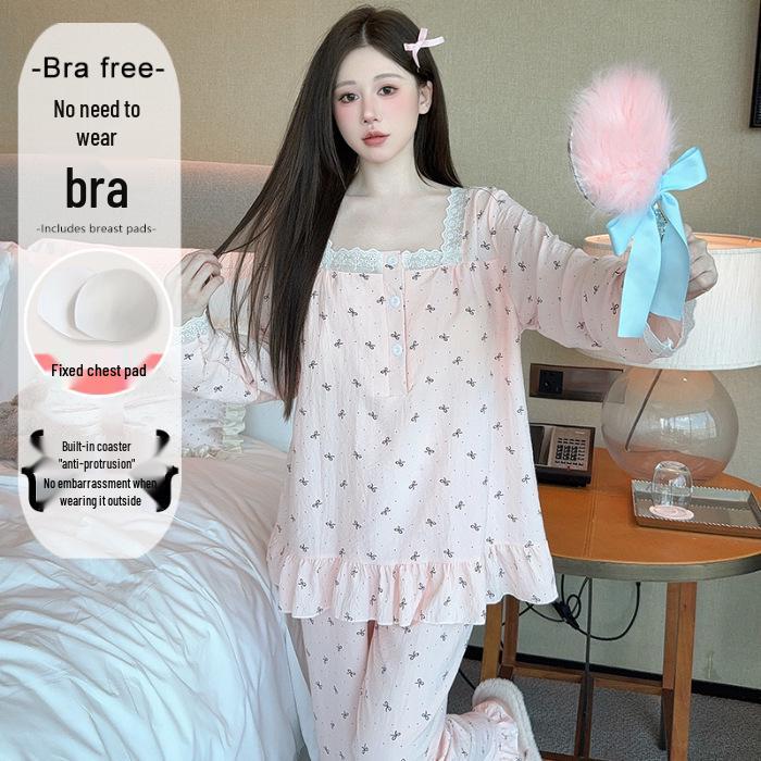 Yellow Sweet Princess Long Pajamas with Chest Pad - Korean Cloud Cotton, Plus Size, Spring/Autumn Style