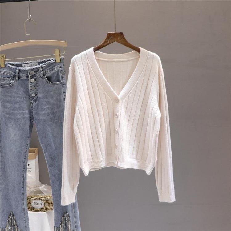 Women's V Neck Knitted Cardigan Short Jacket Loose Long Sleeve Autumn Versatile Outfit Top Sweater