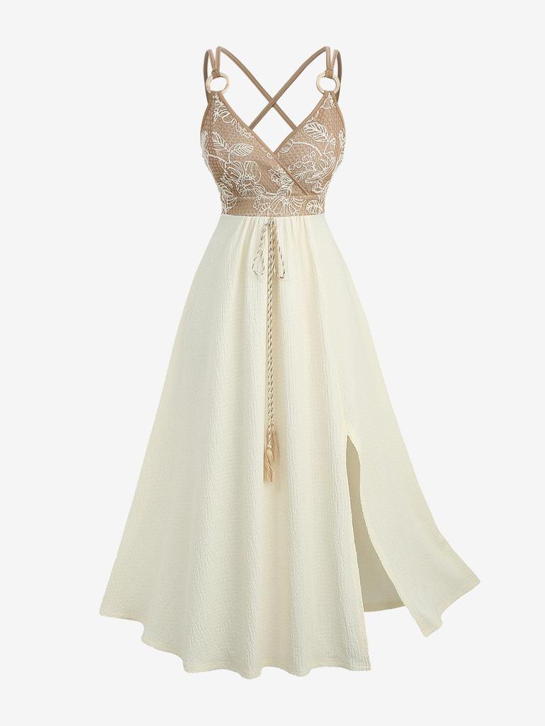 Rosegal Plus Size Floral Leaves Embroidered O-Ring Crisscross Strappy Tassel Textured Split A Line Cami Dress