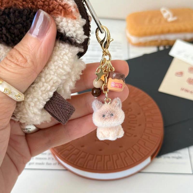 Cute Cartoon Flocked Cat Keychain Y2K Kitten Phone Lanyard Keyring Lovely Bag Pendant Camera Hanging Decoration Gifts