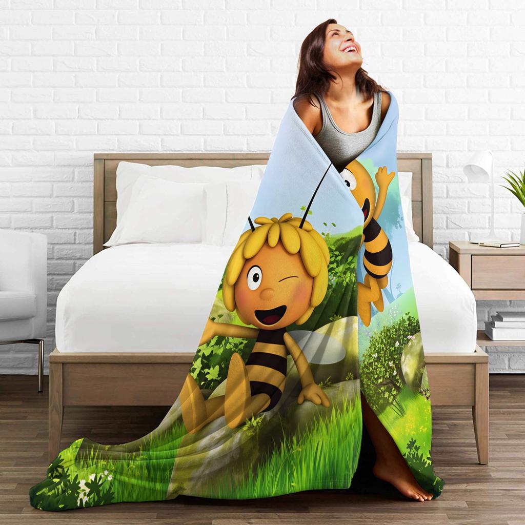 Maya The Bee With Flowers Blanket Cartoon Soft Comfortable Plush Throw Blanket For Couch Bed Camping Flannel Bedspread Bed Cover