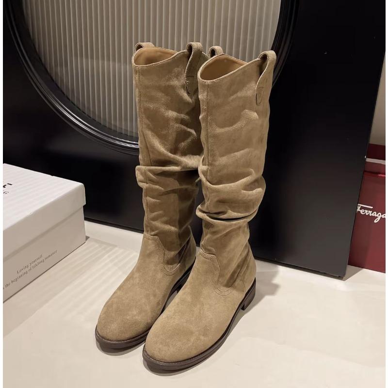 Maillard retro suede western cowboy boots women s new spring and autumn tall boots thick heel pleated pile boots 40 хаки