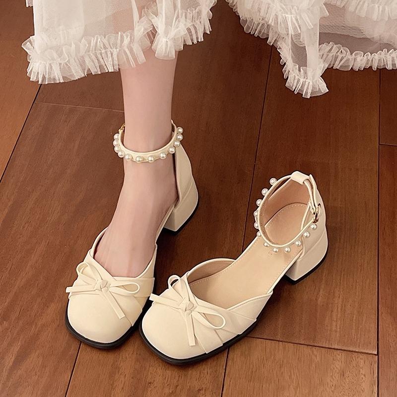 Fashion French Bow Block Heel Mary Jane Shoes Women's Summer New Square Toe Shallow Mouth Beaded High Heel Fashion Sandals