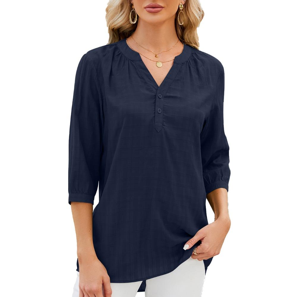 IHUASU Frühling/Sommer Einfarbig V-Ausschnitt Knopf Lockeres Set Chiffonbluse Frau
