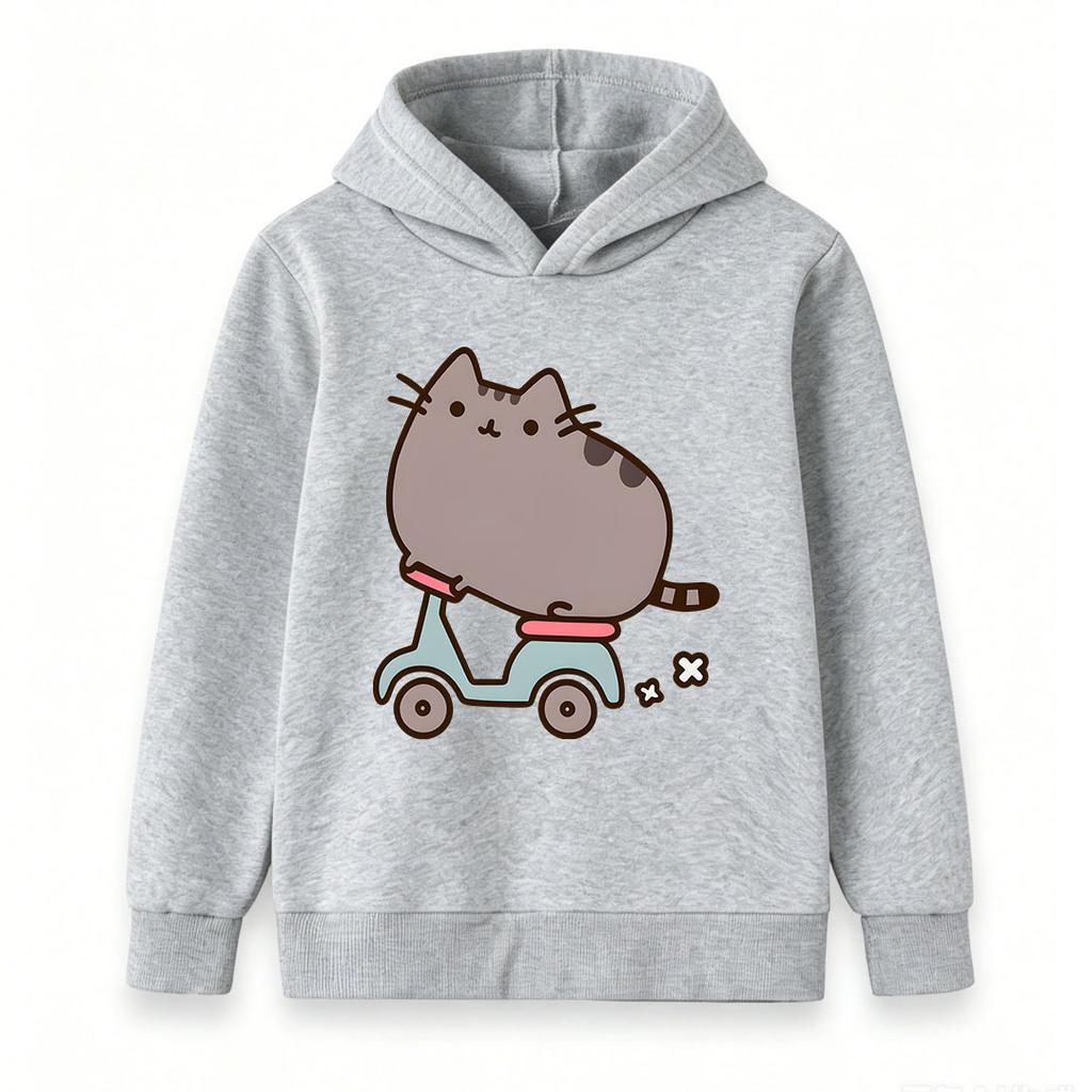 Cute Cartoon Cat Riding Scooter Print Kids 100% Cotton Crew Neck Short Sleeve T-Shirt, Unisex Boys Girls Casual Comfortable Lightweight Summer Basic T