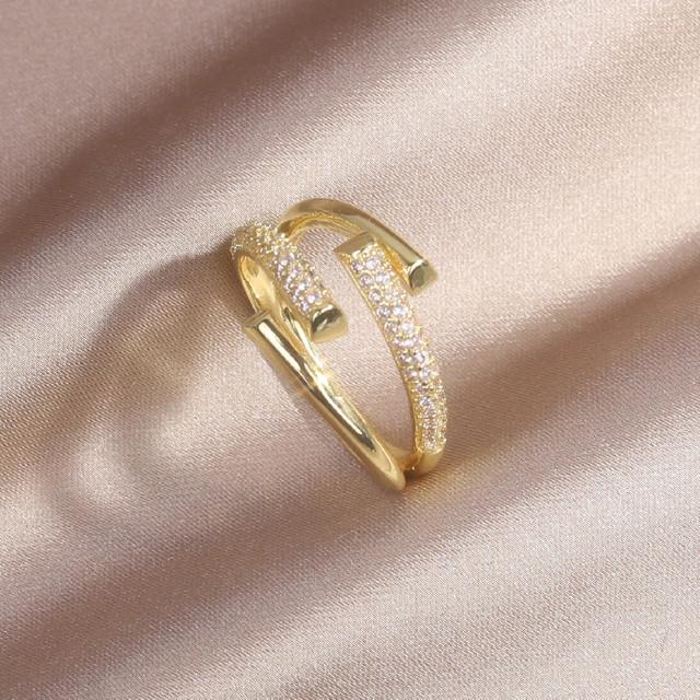 

Корейский дизайн модные ювелирные изделия 14K настоящее золотое покрытие двойной крест циркон кольцо элегантное женское открывающееся регулируемое кольцо Resizable белый