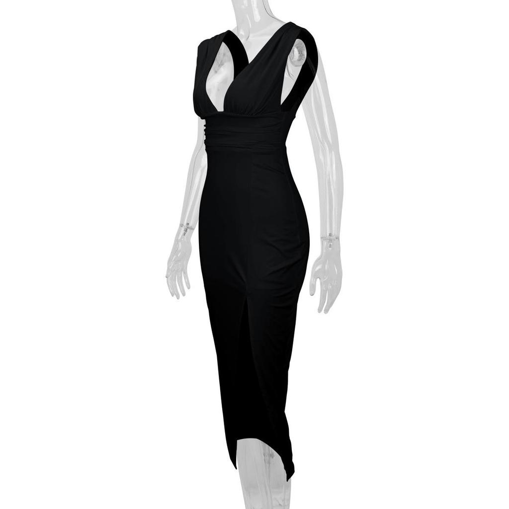 2025 European & American Women's Summer Deep V-neck Slimming Backless Slit Sexy Dress