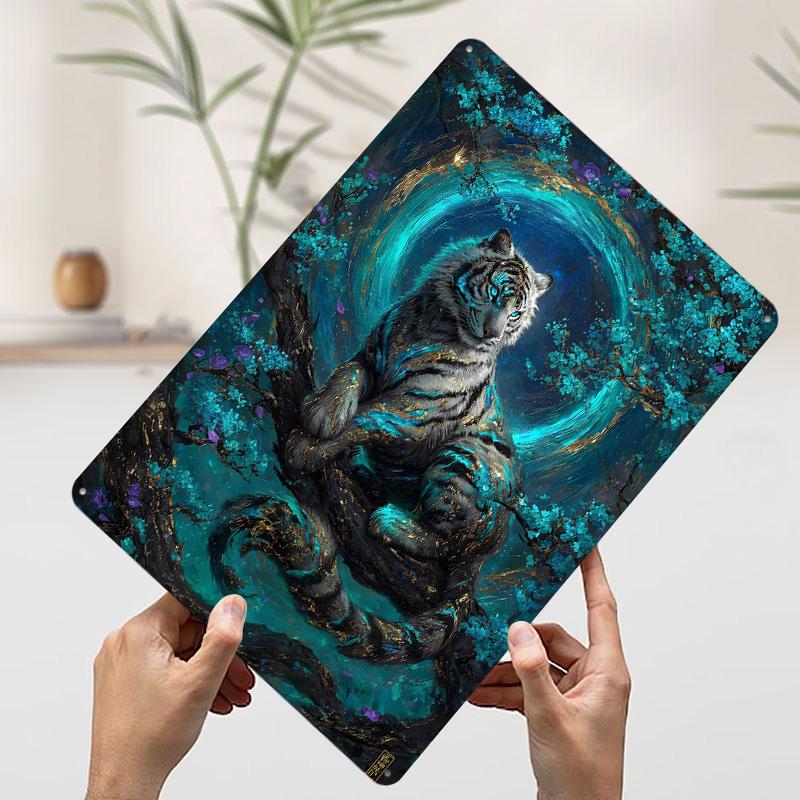 Mystical White Tiger in Teal Forest Metal Poster Customized Wall Art Retro Vintage Tinplate Signs for Decoration Home Man Cave 20x30cm(7.8x11.8inch)