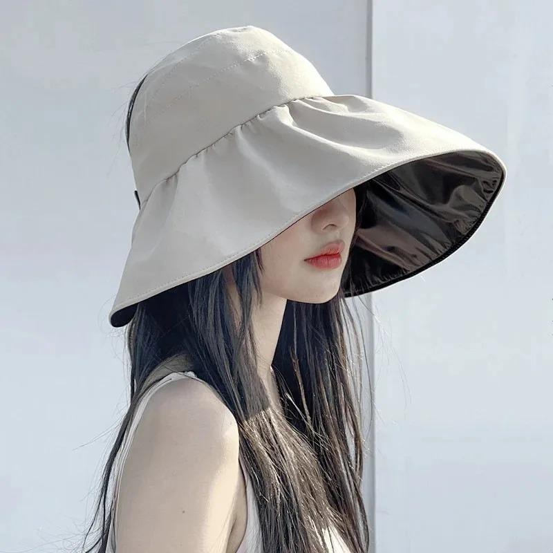 Summer Hollowed-out Wide-brimmed Sunscreen and Sunshade Hat, UV-protective Bucket Hat, Women's Outdoor Beach Sunscreen Hat