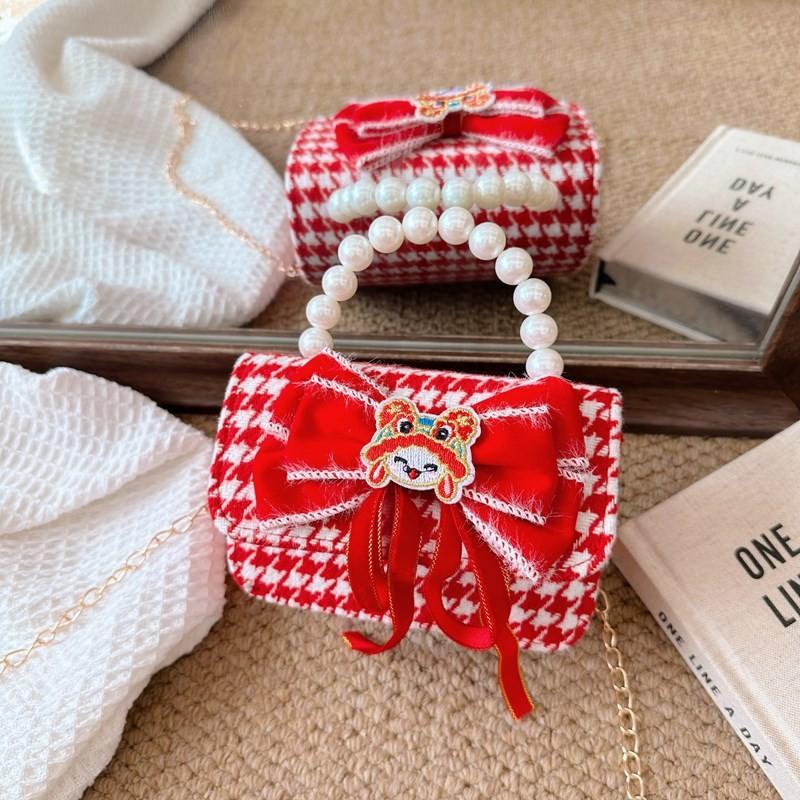 Red Cute Delightful Bowknot Childrens Handbag With Trendy Chain And Handle Pearl