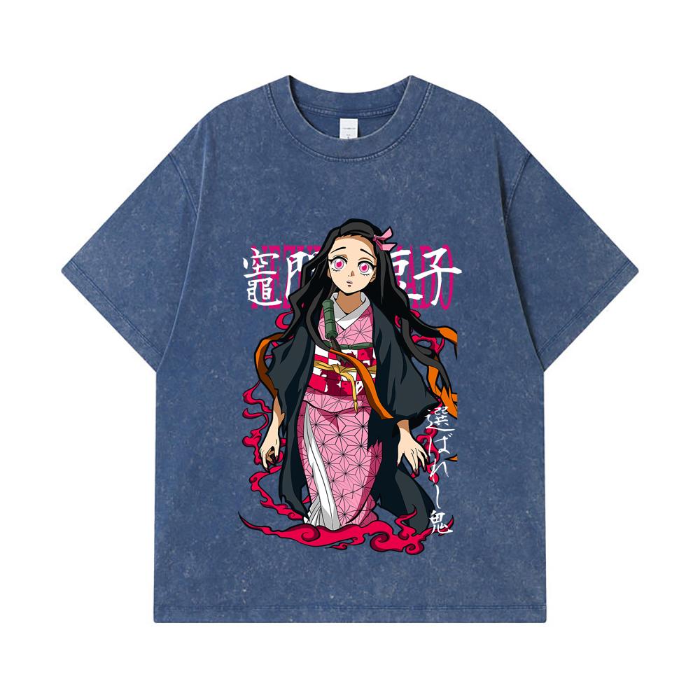 275 GSM Washed T-shirts 100 Cotton Demon Slayer V57 Nezuko Print Unisex Heavy Cotton T Shirt 2XL королевский синий 2200₽