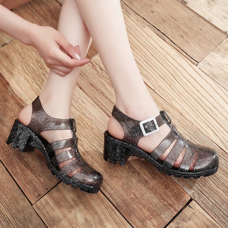2025 Summer Women New Sandals Transparent High Heels Platform Sandal Women Casual Jelly Shoes Lady Square Bling Strappy Sandals