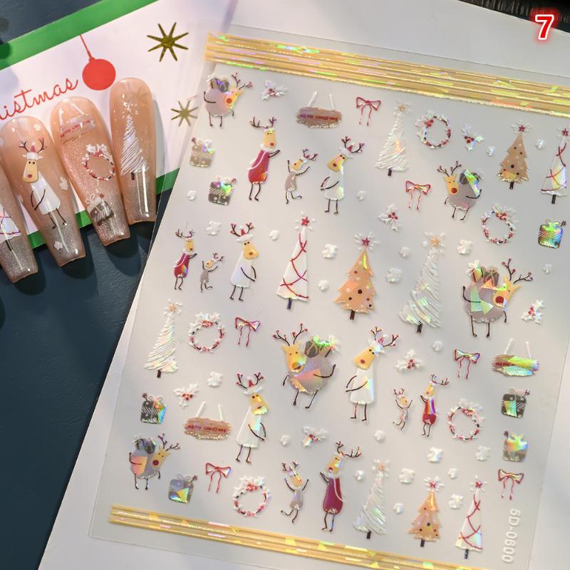 5D Laser Relief Weihnachts-Nagelsticker Schneeflocken Weihnachtsmann Elch Weihnachtsbaum Nagelaufkleber Geprägt Winter Weihnachten Maniküre Set