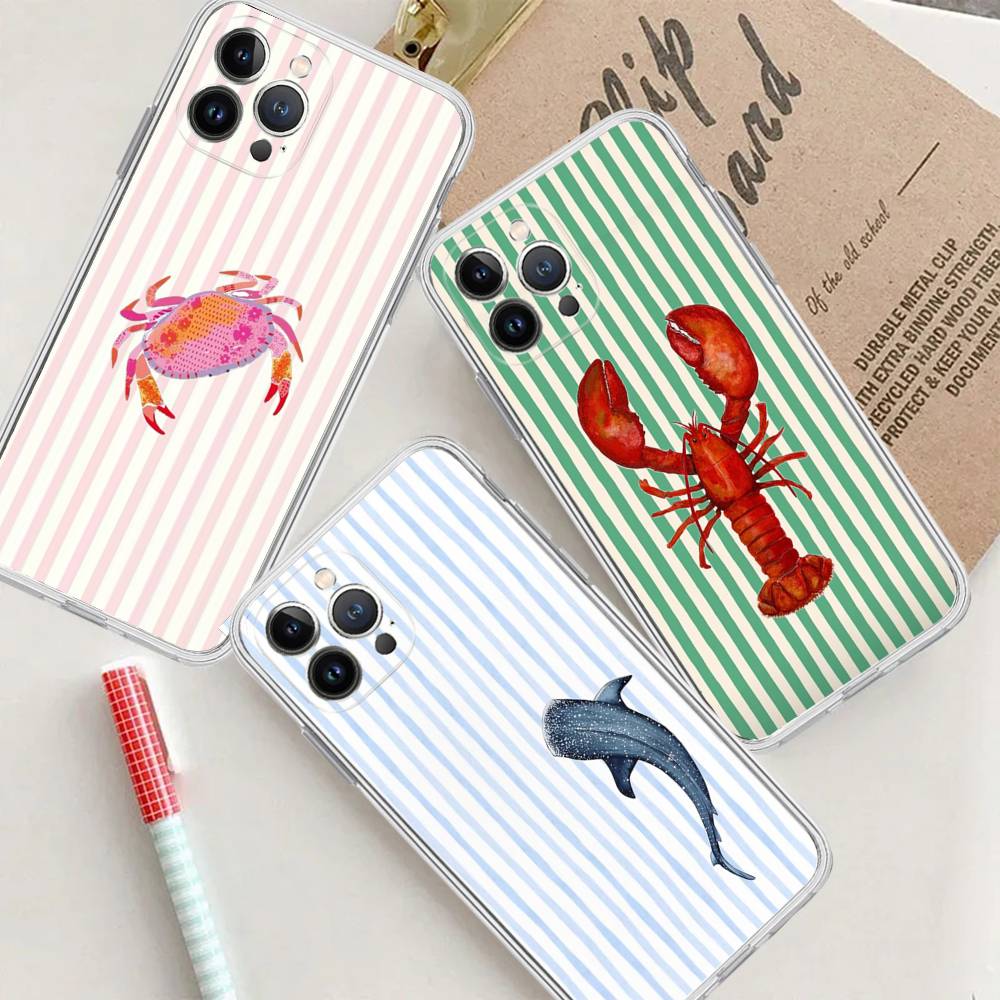 Marine Life Crabs Lobsters For IPhone 11 12 13 14 15 16 17 Pro Max Plus Air Transparent Clear Shockproof Case