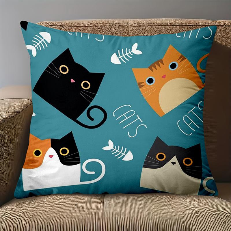 1 Pieces Cute Cat Patterns With Fish Bones On Blue Pillow Polyester pillowcase, sofa decorative cushion cov Headboard Pillow