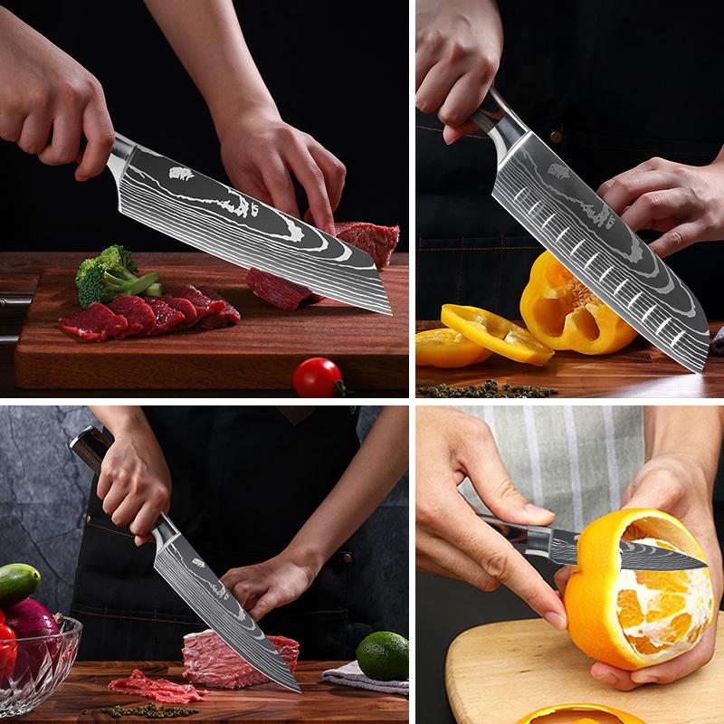 10 sztuk noże kuchenne ze stali nierdzewnej 7CR17 440C laserowy damasceński japoński tasak Santoku narzędzie do krojenia nóż szefa kuchni