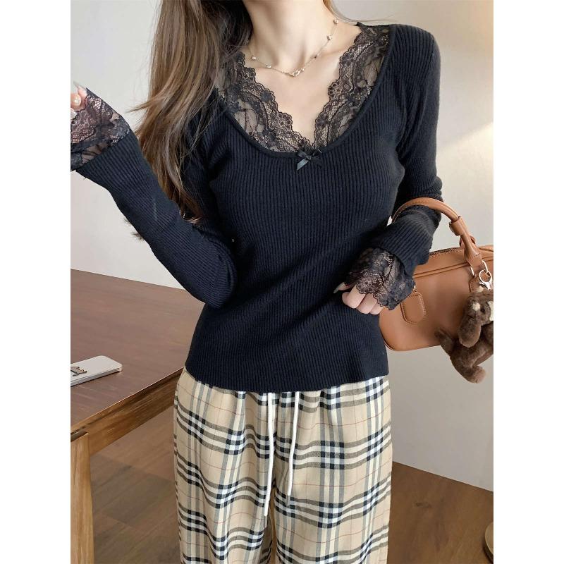 Bright Age-reducing Collar Lace Splicing Slim Long-sleeved Knitted Sweater Women's Autumn and Winter New Design Sweater Inside