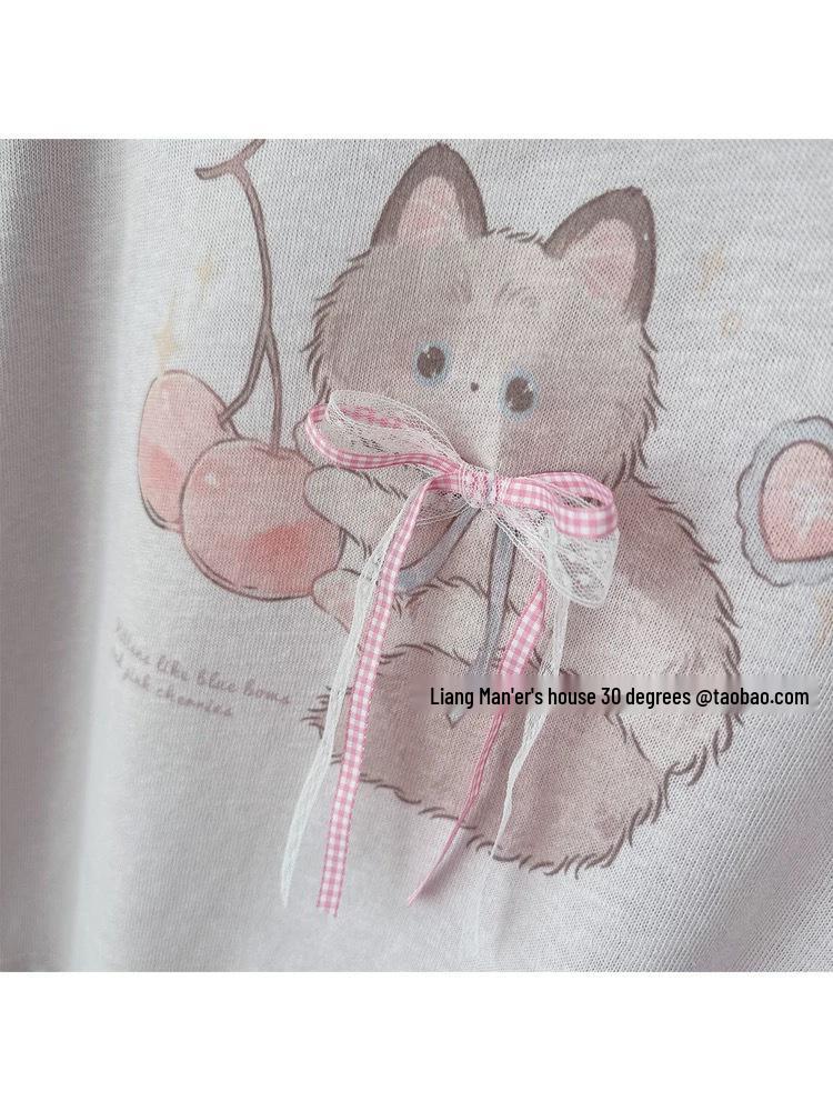 Plus Size Cherry Cat Cotton T-shirt with 3D Butterfly Design
