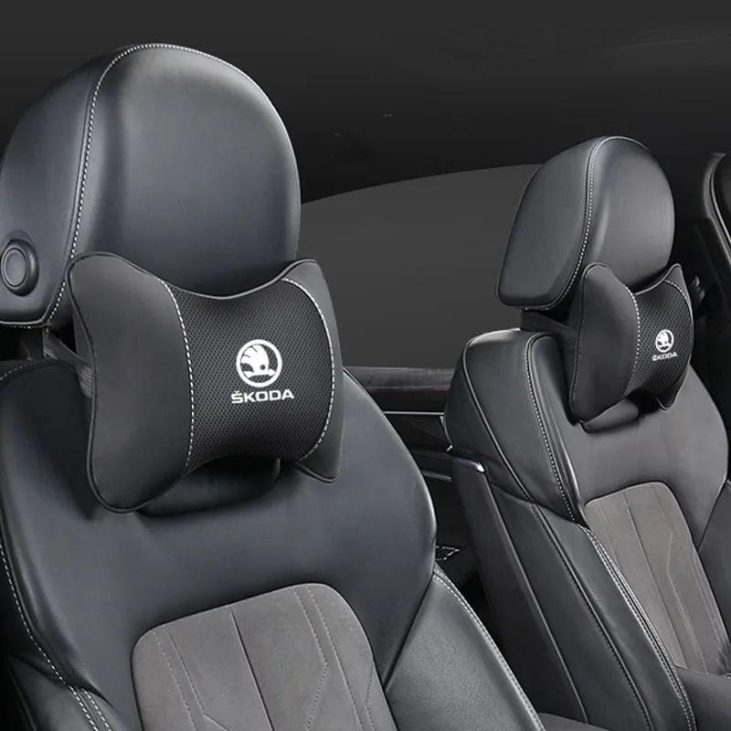 Car Seat Headrest Leather Memory Cotton Neck Pillow For Skoda Octavia Superb Rapid Kodiaq Karoq Scala Fabia Kamiq Vision RS Yeti