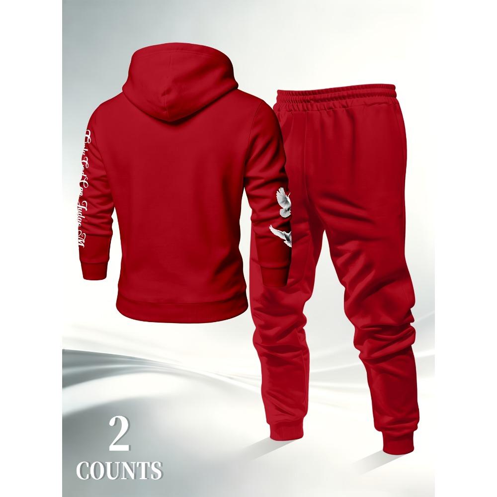 Men's Prayer Hand Peace Dove Printed Hoodie Set Drawstring Foot Tight Two Piece Set Trendy Retro Casual Sports