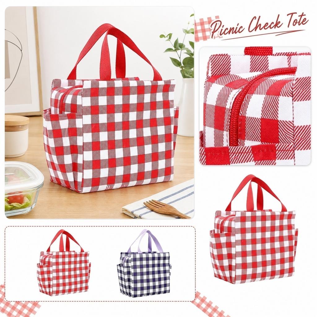 Oxford-Stoff-Tragetasche mit doppelten Seitentaschen, isolierte Lunchtasche, kariertes Muster, strapazierfähiger Tragegriff für den täglichen Gebrauch