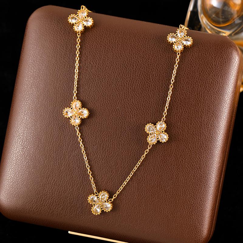GANEMLY 316L Stainless Steel Clover Flower Zircon Necklace For Women Fashion Clavicle Neck Chain Waterproof Jewelry Gift