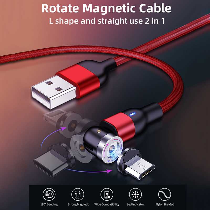 ROCK Magnetic USB Cable For iPhone Charger 540 Degree Rotate USB Type C Cable For Xiaomi Samsung Magnet Charge Micro USB Cable