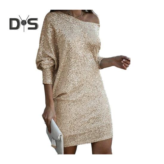 Women Evening Dress Shiny Sequin Slant Neck One Shoulder Three Quarter Sleeve Loose Above Knee Mini Dress Prom Party Dress