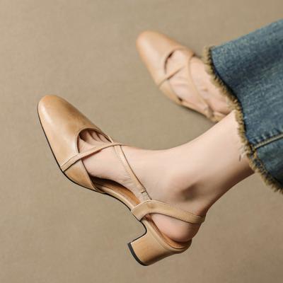 Sandales d'été de couleur unie à dos ouvert, nouvelles sandales à talons épais pour femmes, décontractées en cuir, semelle souple en tendon de bœuf, sandales à bout fermé, grande taille