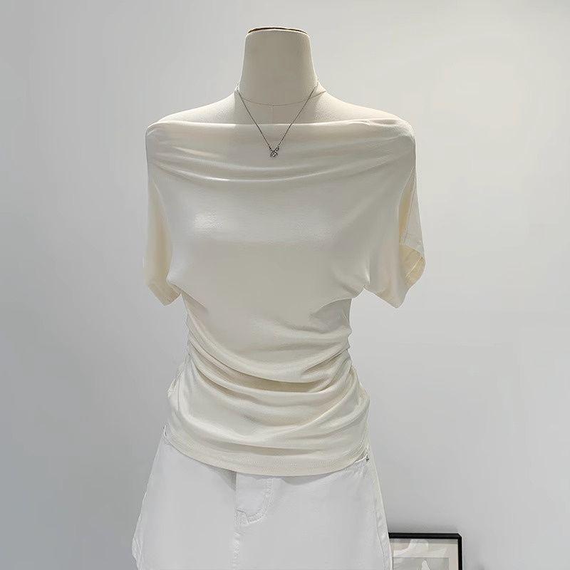 

Женский асимметричный топ с открытым плечом из модального хлопка с драпированным вырезом - Модный облегающий дизайн с коротким рукавом Double Extra Large абрикосовый