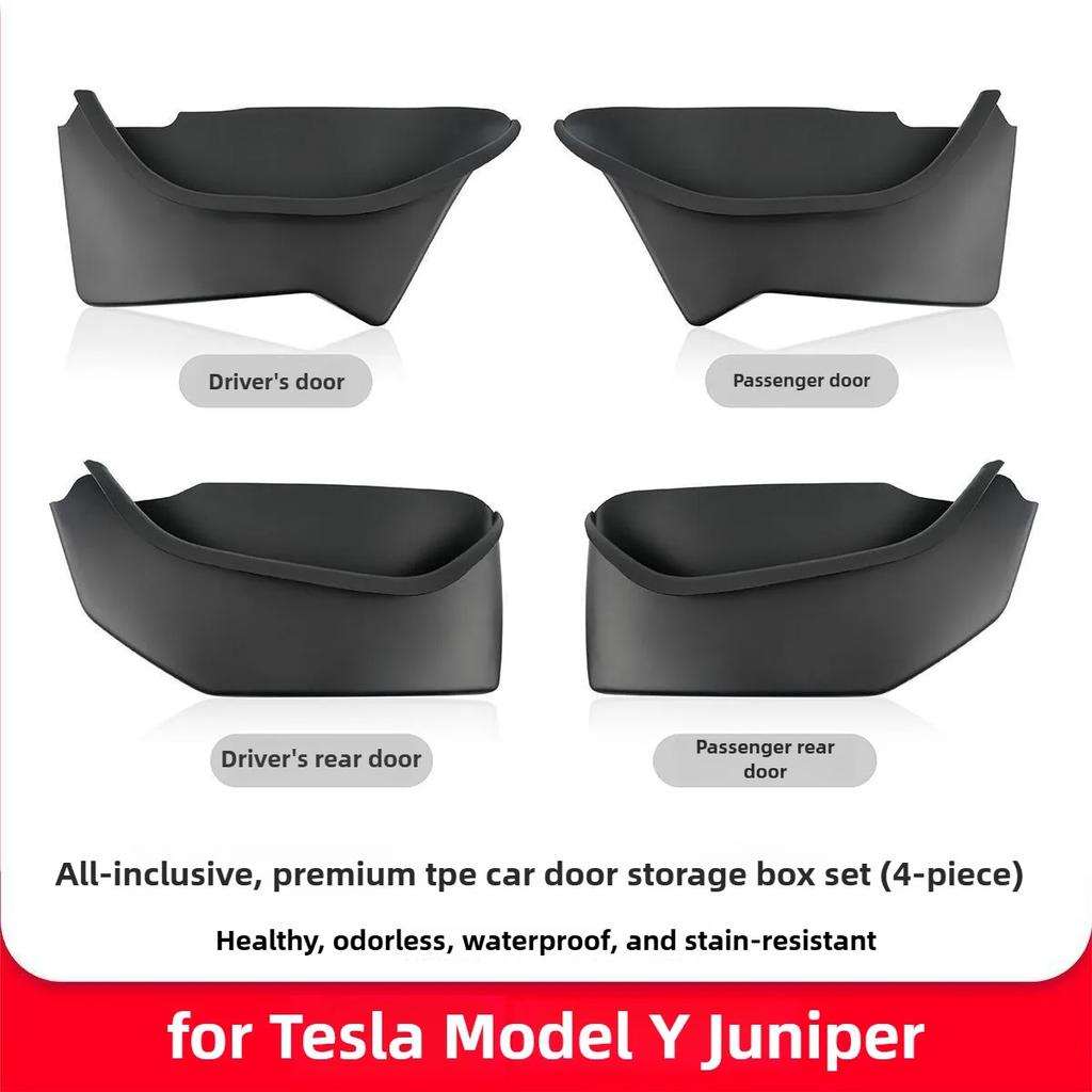 For Tesla Model Y YL Juniper 2025 2026 Door Side Storage Box Fully Covered TPE Front Rear Door Organizer Tray Car Accessories