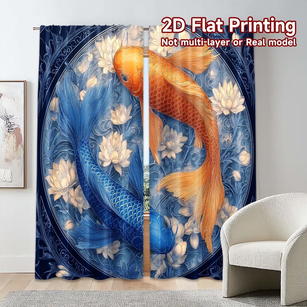 2pcs, 2D FLAT PRINTING Curtains (Without Rod) YinYang Koi Chic Curtain Cloth Versatile 100% Polyester Curtains All Seasons