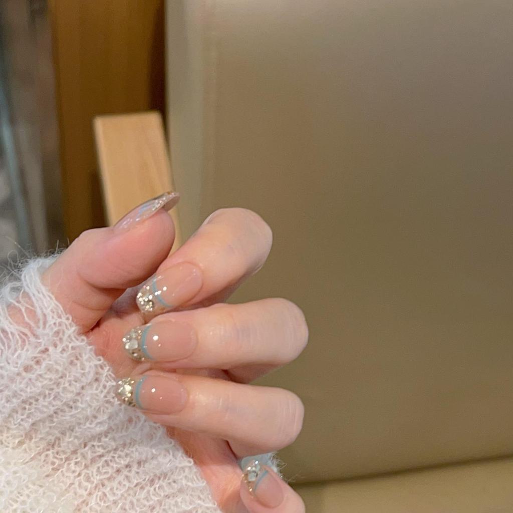 Sea Salt Blue Nude French Nails with Micro-Diamond Sequins - Handmade Wearable Set J32, Includes Box and Tool Kit