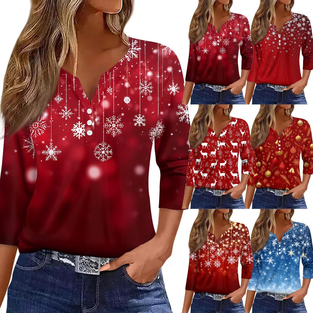 Dámské tričko Vánoční potisk Knoflík 3/4 rukáv Denní Víkendová Móda Základní Výstřih do V Běžný Top
