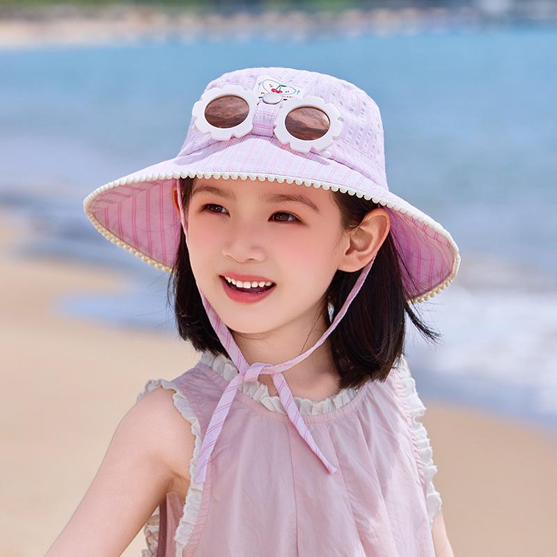 Children's hat Fresh striped sunscreen hat Girls outdoor outing visor hat with sunglasses strapped big eaves bucket hat