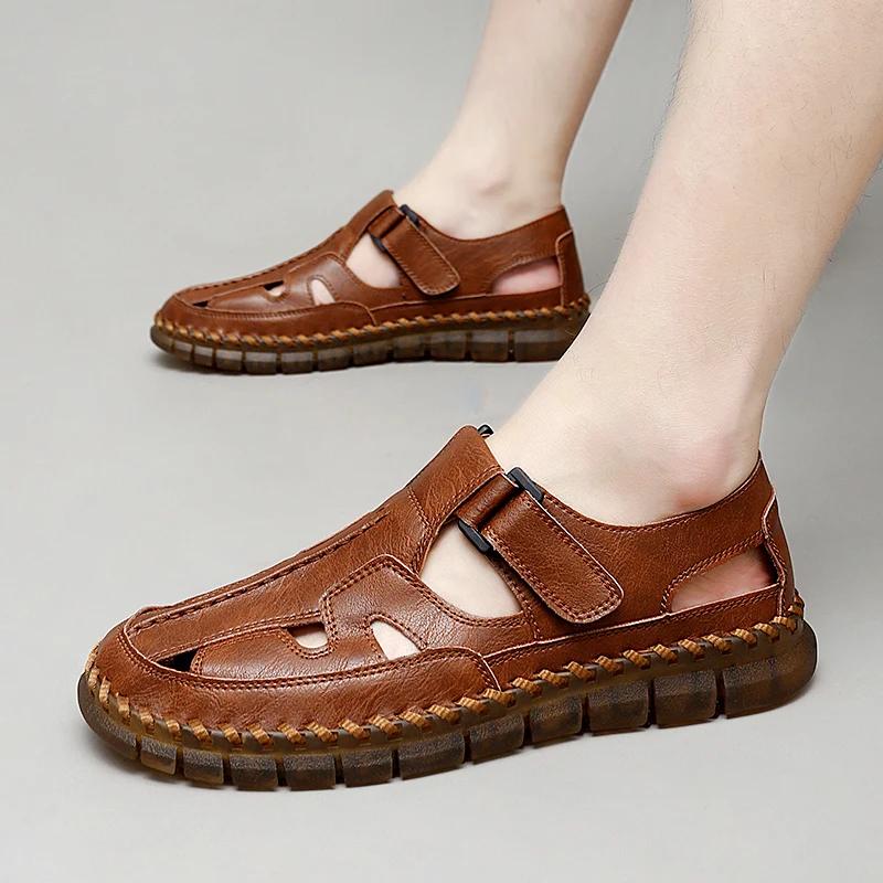 Fashion Mens Handmade Casual Leather Sandals Classic Men Beach Shoes Summer Outdoor Walking Male Sneaker Breathable Man Hollow Out Flats