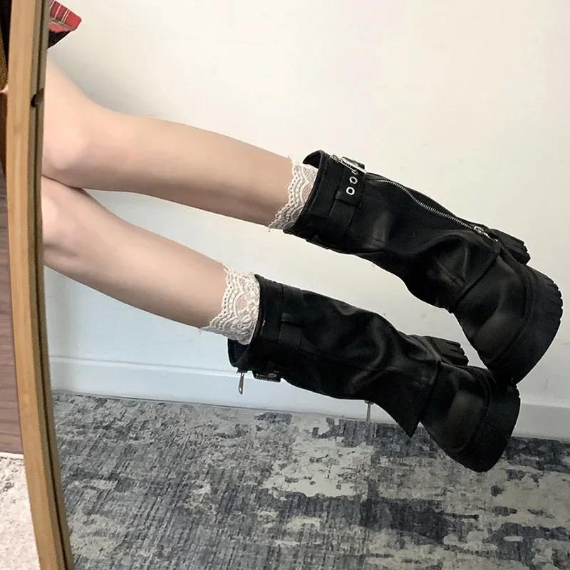 Women's Mid-Calf Boots Fashion Belt Buckle Ladies Shoes Women's Knight Booties Elegant Platform Flats Short Booties Casual Shoes