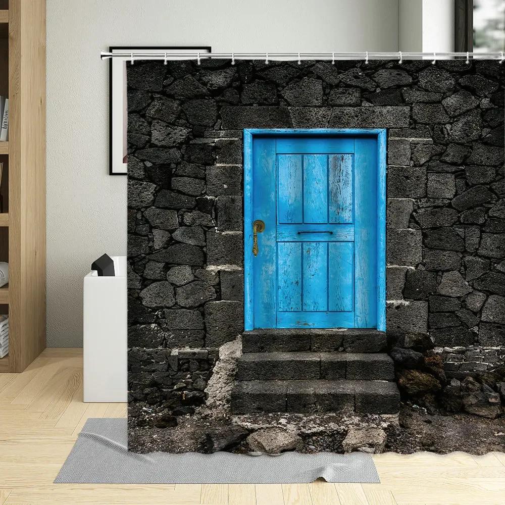 Vintage Wooden Door Shower Curtains Retro Wood Board Grain Printing Decor Screens Waterproof Fabric Bathroom Curtains With Hooks