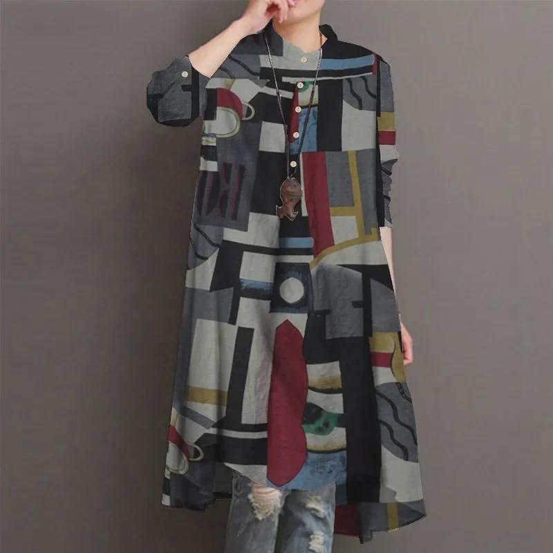 

Богемная хлопково-льняная рубашка с длинным рукавом и принтом - Повседневная, Свободная, Средней длины (Выпуск 2021 года) 4XL чёрный