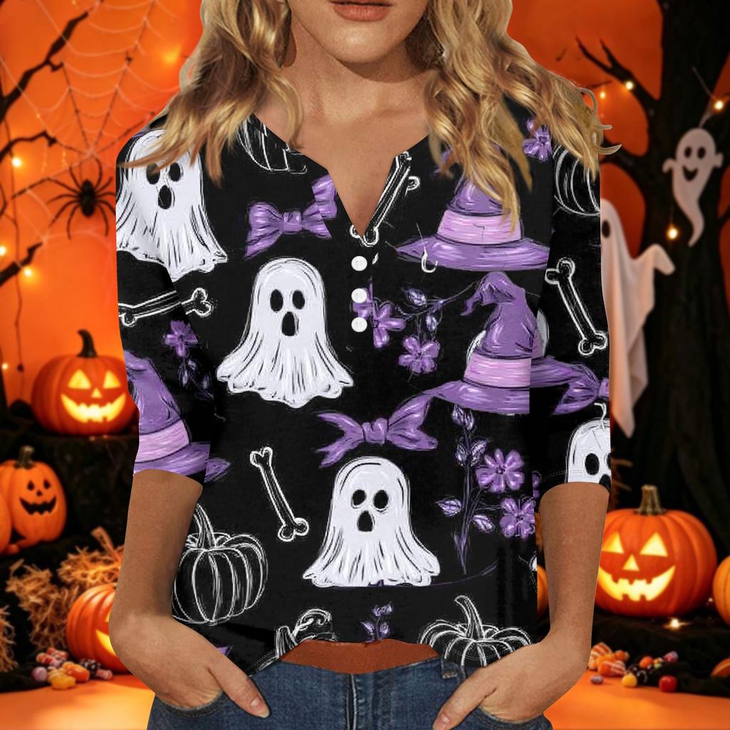 Women's Casual Halloween Print V-Neck Short Sleeve T-Shirt with Decorative Buttons
