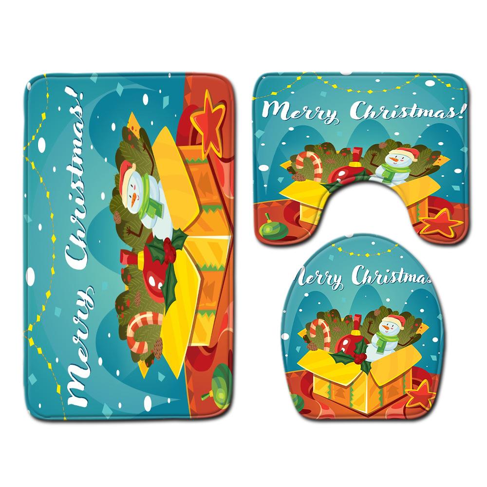 Christmas Shower Curtain Floor Mat Combination Four-Piece Set Bathroom Toilet Carpet Shower Room Mat Foot Mat