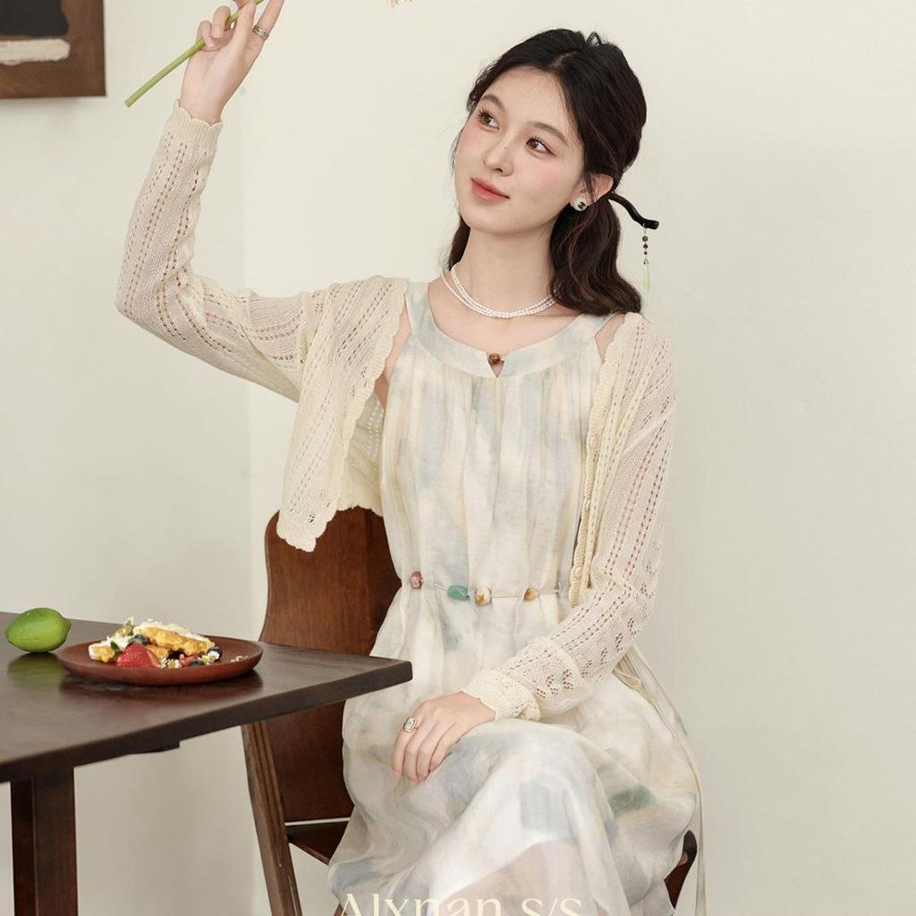 Plus Size Women's Chinese Ink Wash Dress & Sun Protection Cardigan Set