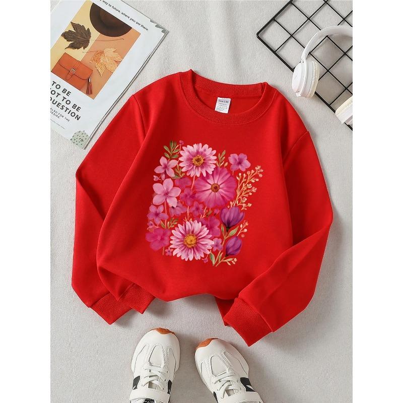 European sizes Girls' Crewneck Sweatshirt - Pink Flowers & Green Leaves Pattern, Soft Comfy Sportswear for Children & Teens