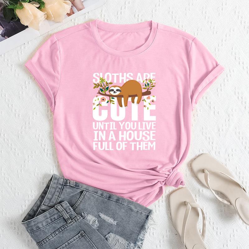 Summer Women's Fashionable Letter Sloth Short Sleeved Casual Loose Cotton Round Neck Top