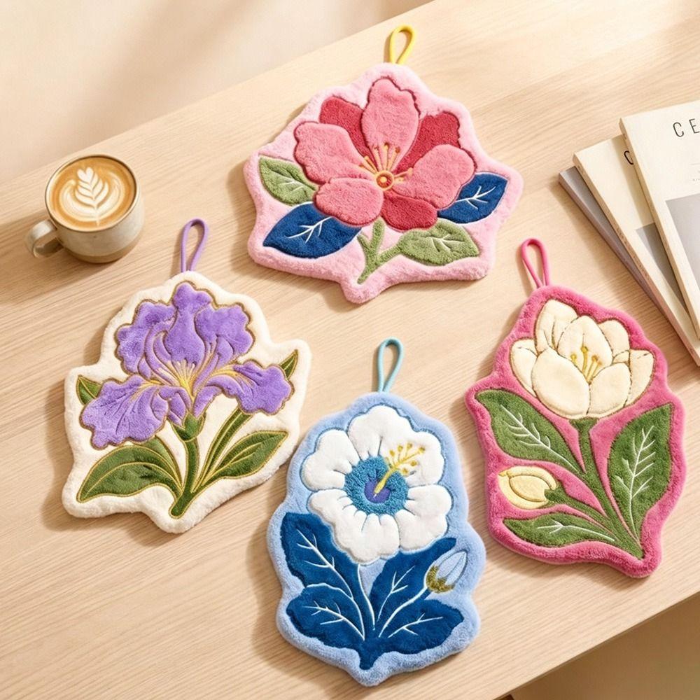 Gifts Coral Fleece Flower Hand Towel Hanging Loop Floral Pattern Hand Drying Towel Thickened Decorative Hand Towel Kitchen