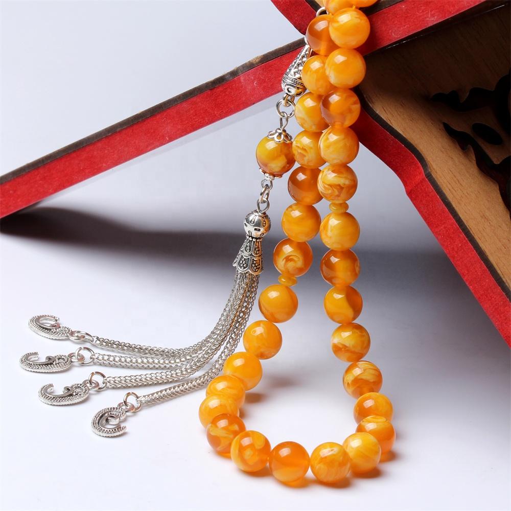 Muslimisches Gebetskette Bernsteinfarbe 10mm Tasbih Geschenk Ramadan Silber Metall Quaste Herren Tarbons Misbaha Islamischer Tasbeeh