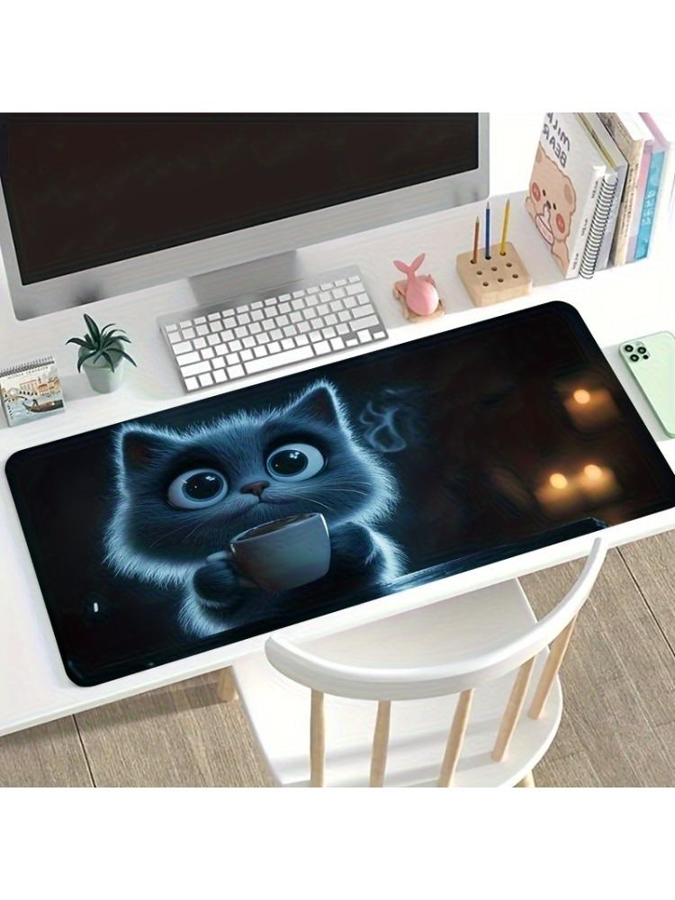Cat Drink Coffee Mouse Pad Large Computer Office Game Table Mat Rubber AntiSlip Stitched Edge Keyboard Mats 90x40 Xxl Desk Pads