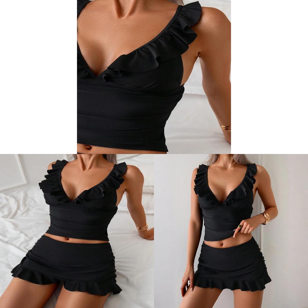Swimsuit Women Pure Color Bikini Set With Ruffle Trim For Water Sports